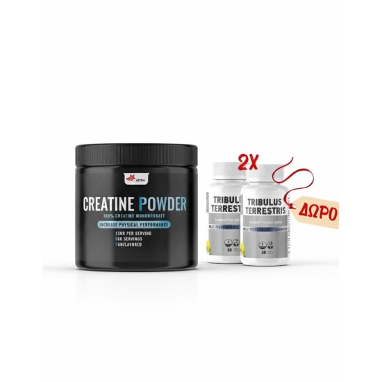 CREATINE MONOHYDRATE (200γρ) - συμπλήρωμα διατροφής με σκόνη κρεατίνης που προορίζεται να αυξήσει τη δύναμη και να υποστηρίξει την ανάπτυξη των μυών + ΔΩΡΕΑΝ 2x Tribulus Terrestris  (30 κάψουλες)